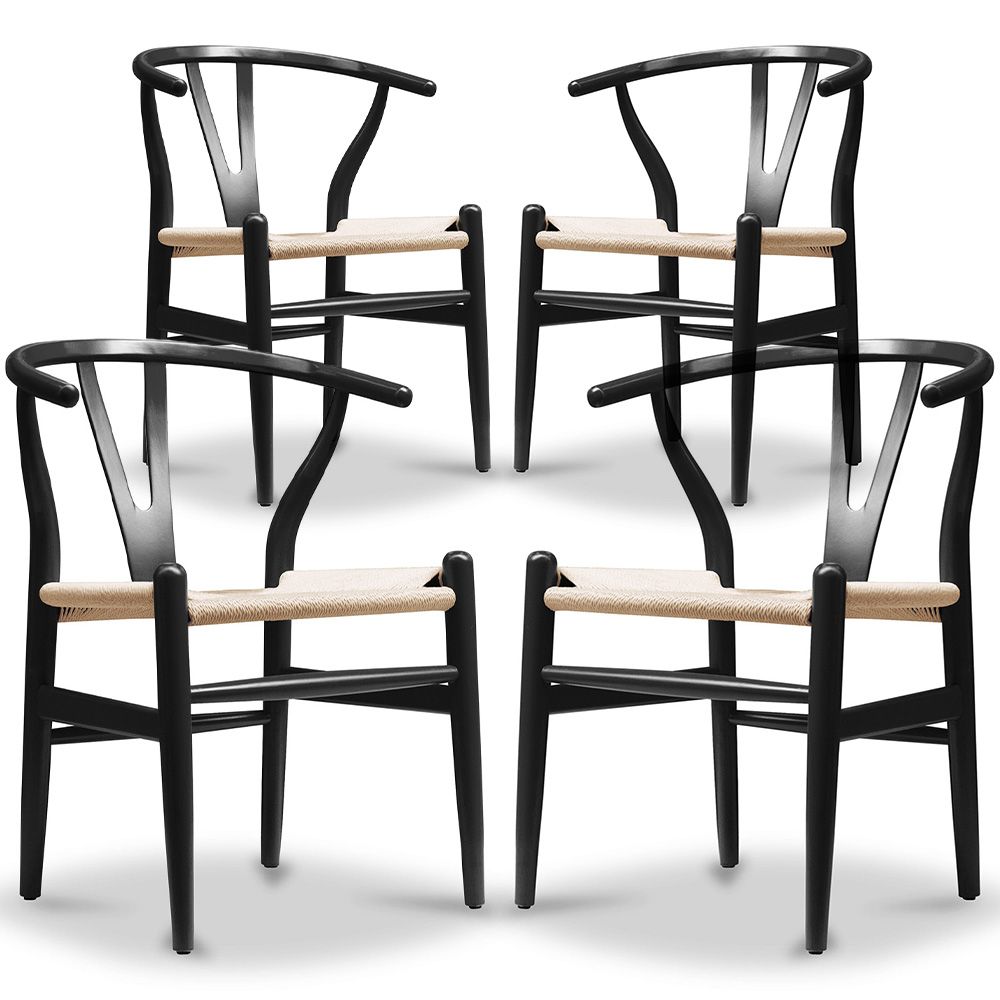  Buy Pack of 4 Dining Chairs Scandinavian Wooden with Rope Seat - Wish Black 61556 - in the UK