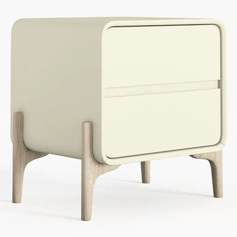  Buy Modern Scandi nightstand covered in faux leather with 2 drawers and natural wood legs - Barel Cream 61796 - in the UK