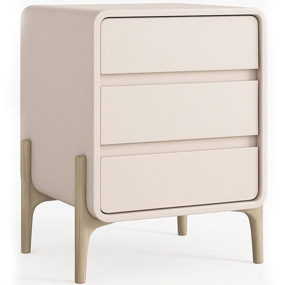  Buy Modern Scandi nightstand covered in faux leather with 3 drawers and natural wood legs - Barel Cream 61827 - in the UK
