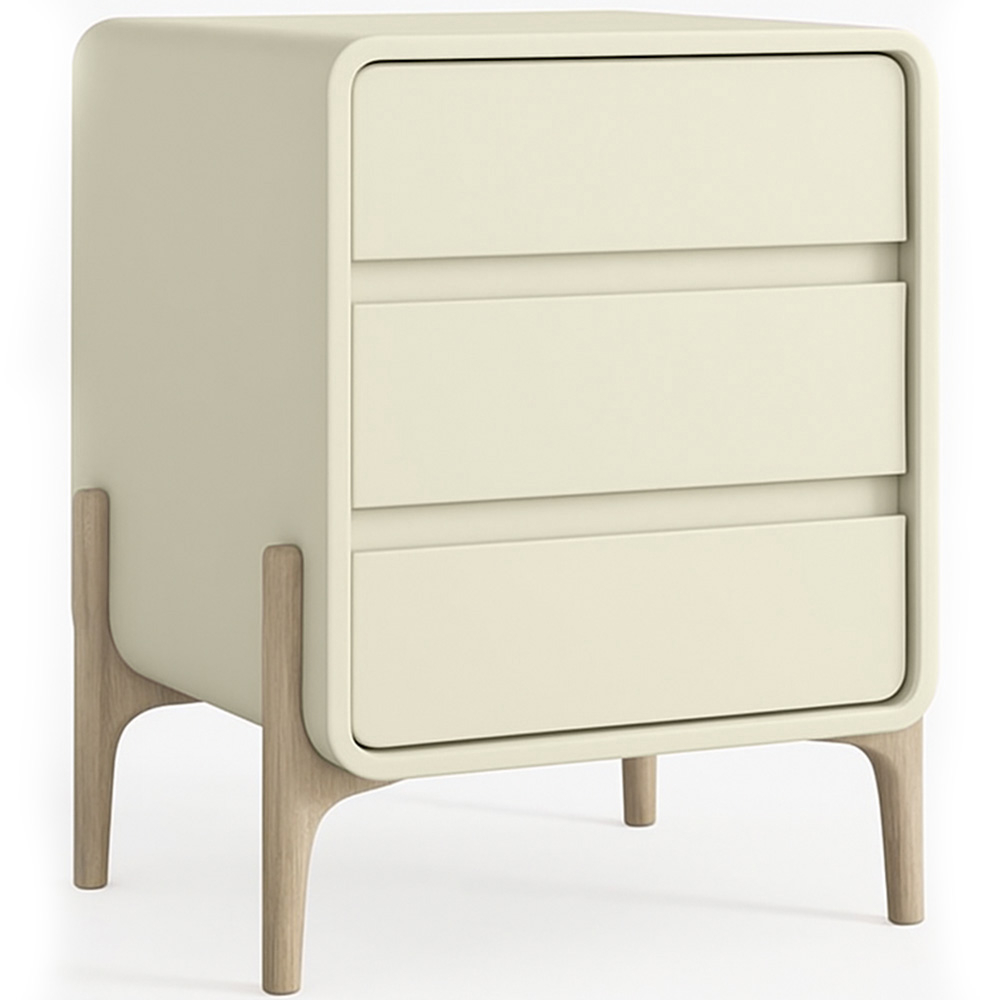  Buy Modern Scandi nightstand covered in faux leather with 3 drawers and natural wood legs - Barel Cream 61827 - in the UK